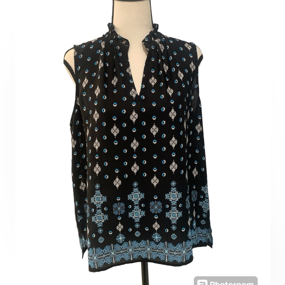 Ann Taylor Factory | black sleeveless ruffle neck top size medium petite